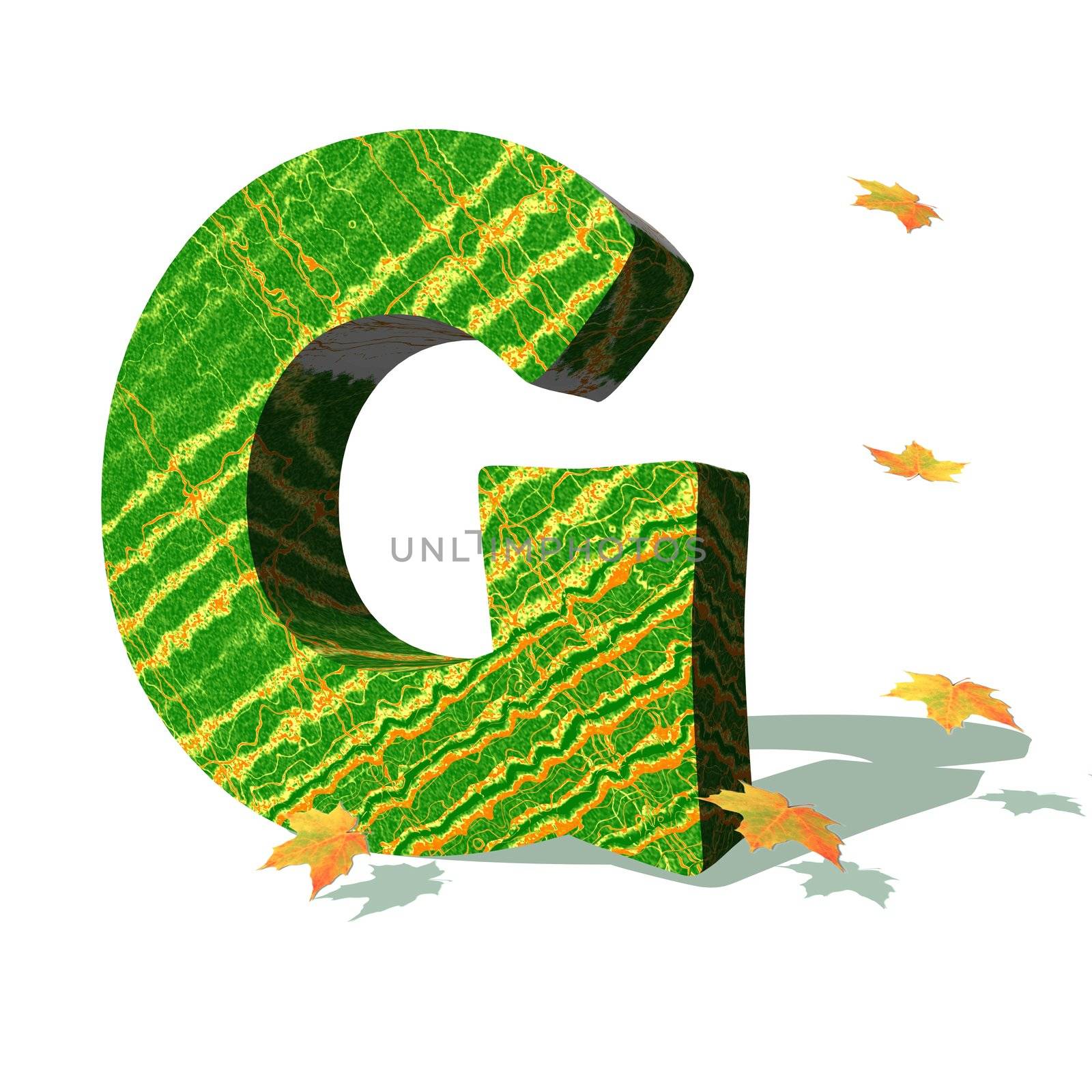 Green ecological G capital letter surrounded by few autumn falling leaves in a white background with shadows