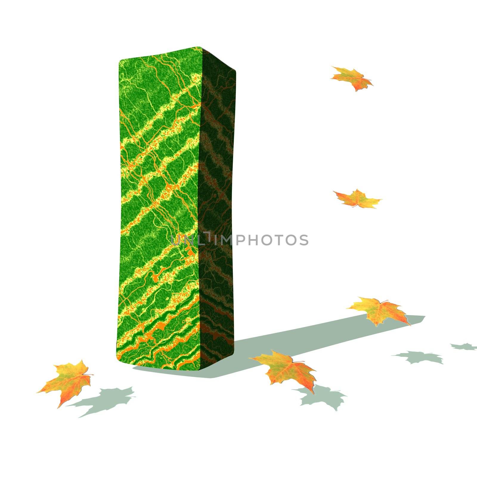 Green ecological I capital letter surrounded by few autumn falling leaves in a white background with shadows