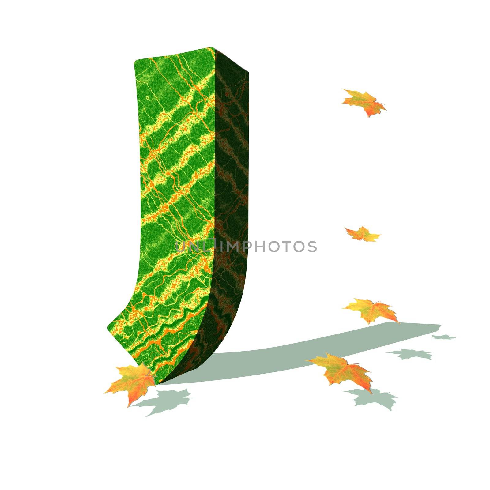 Green ecological J capital letter surrounded by few autumn falling leaves in a white background with shadows