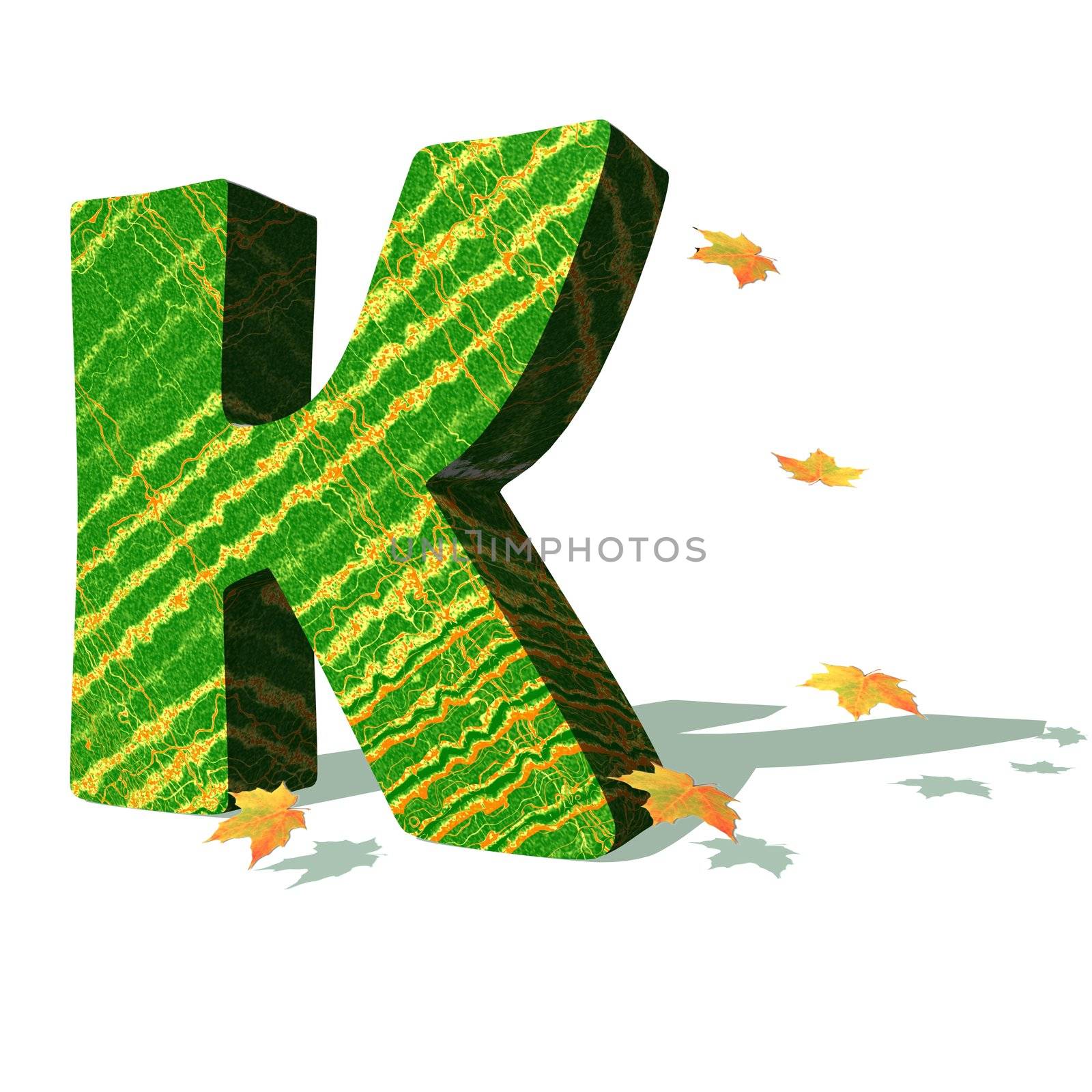 Green ecological K capital letter surrounded by few autumn falling leaves in a white background with shadows