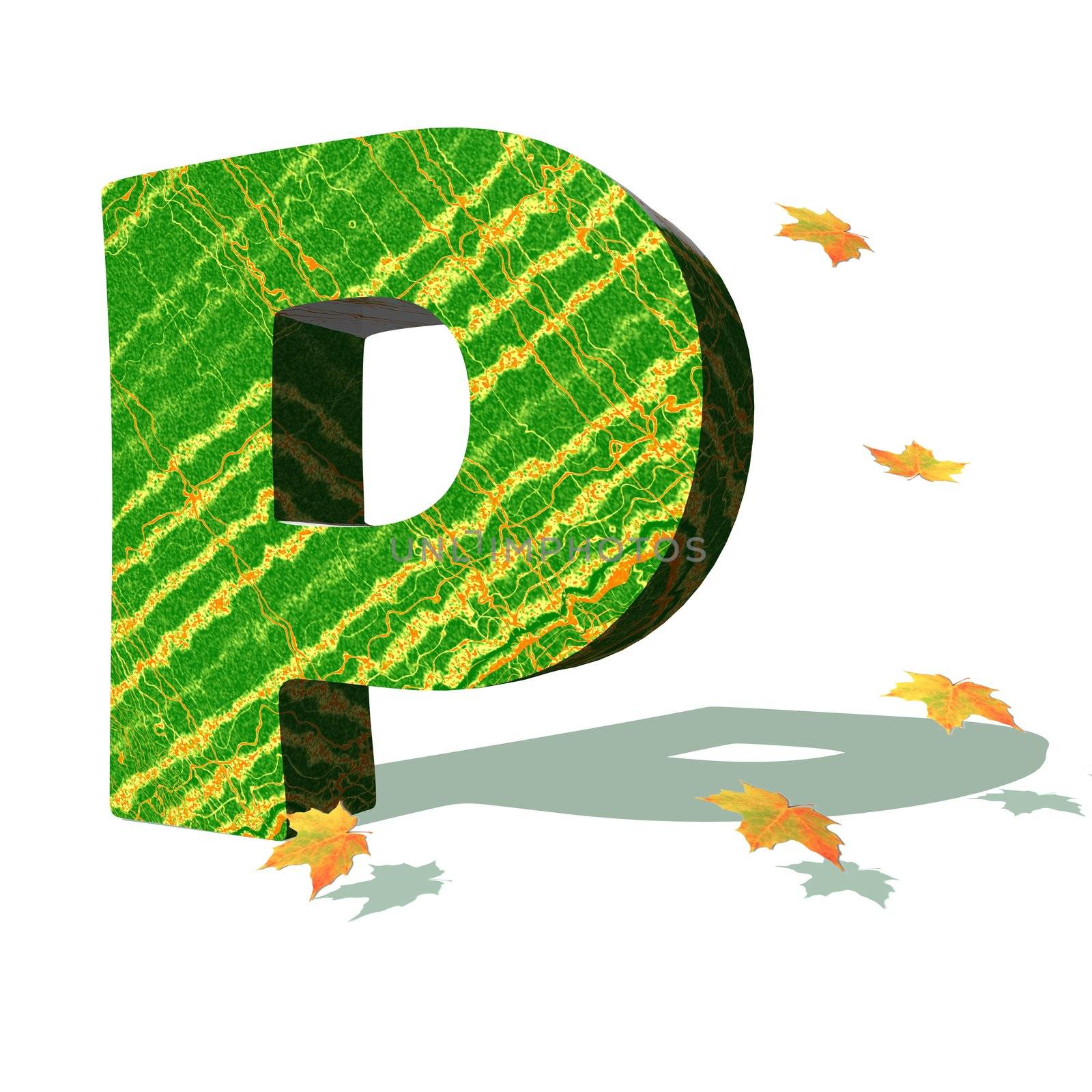 Green ecological P capital letter surrounded by few autumn falling leaves in a white background with shadows
