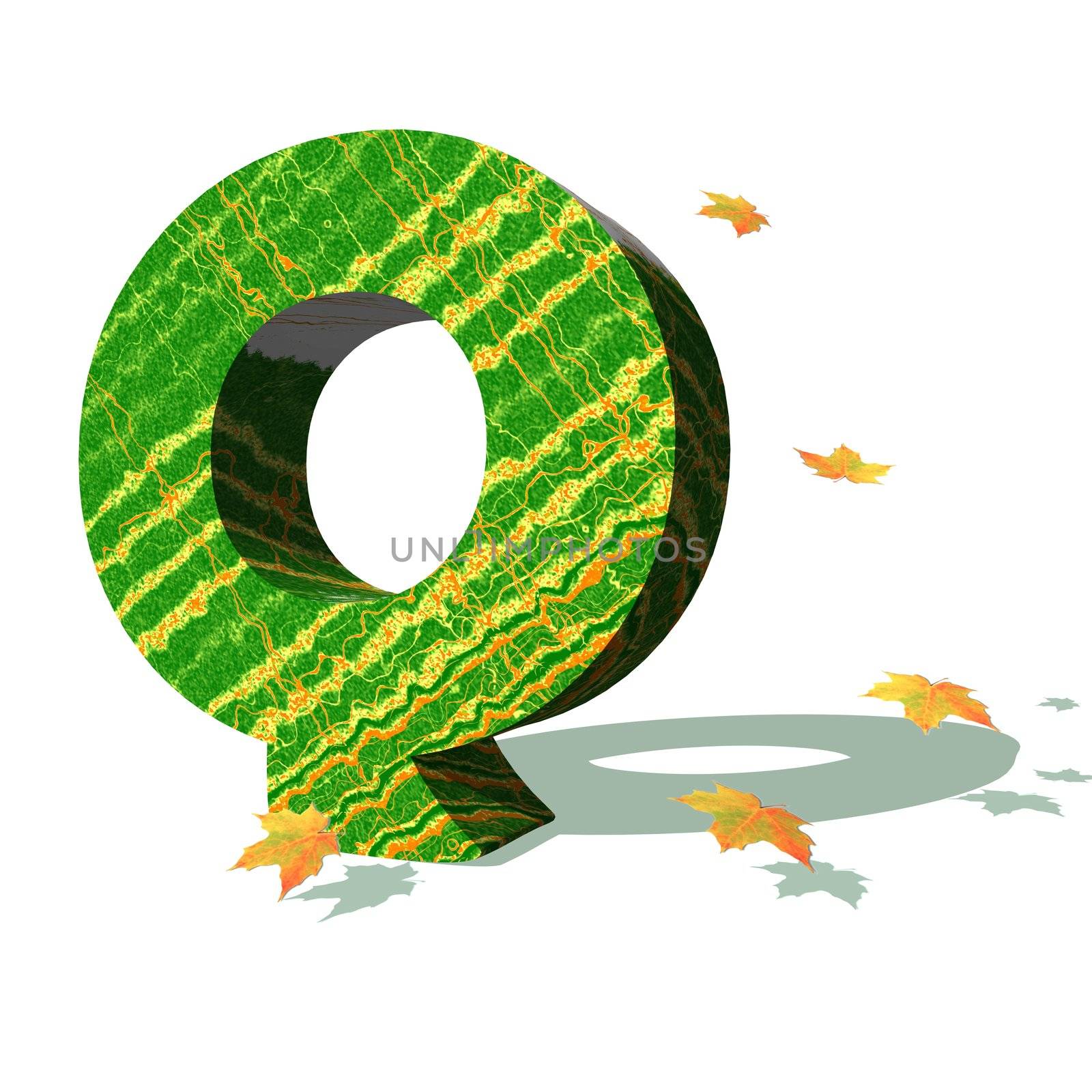 Green ecological Q capital letter surrounded by few autumn falling leaves in a white background with shadows