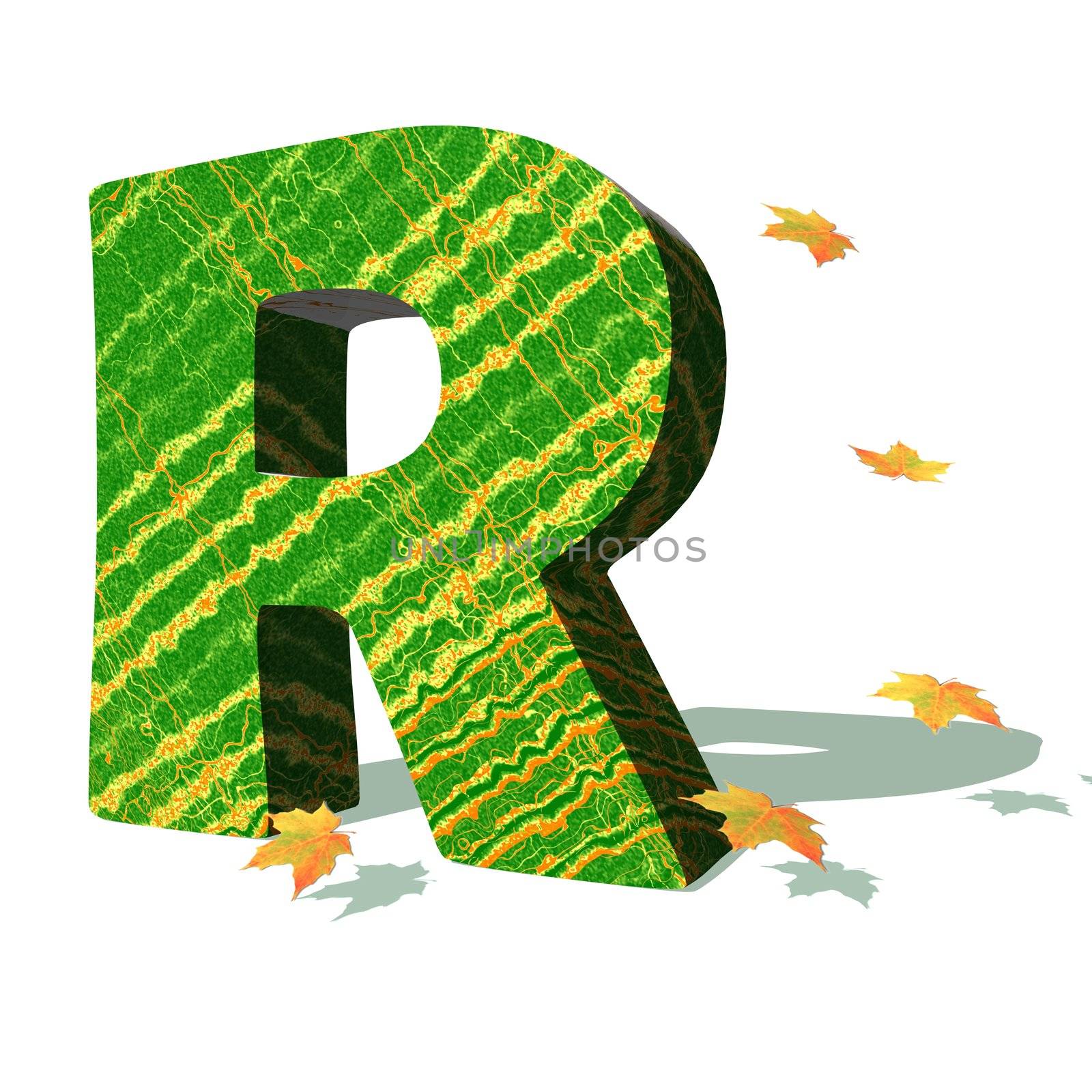 Green ecological R capital letter surrounded by few autumn falling leaves in a white background with shadows