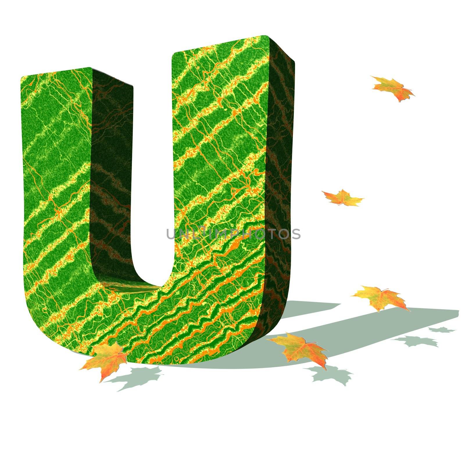 Green ecological U capital letter surrounded by few autumn falling leaves in a white background with shadows