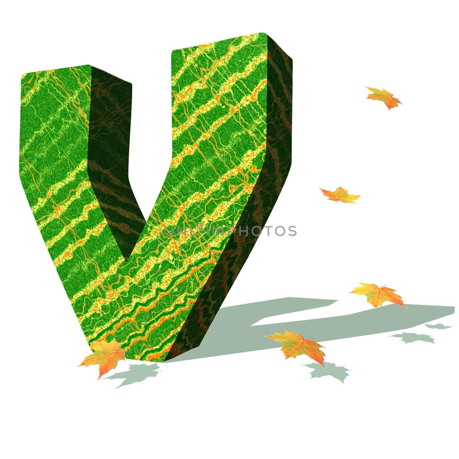 Green ecological V capital letter surrounded by few autumn falling leaves in a white background with shadows