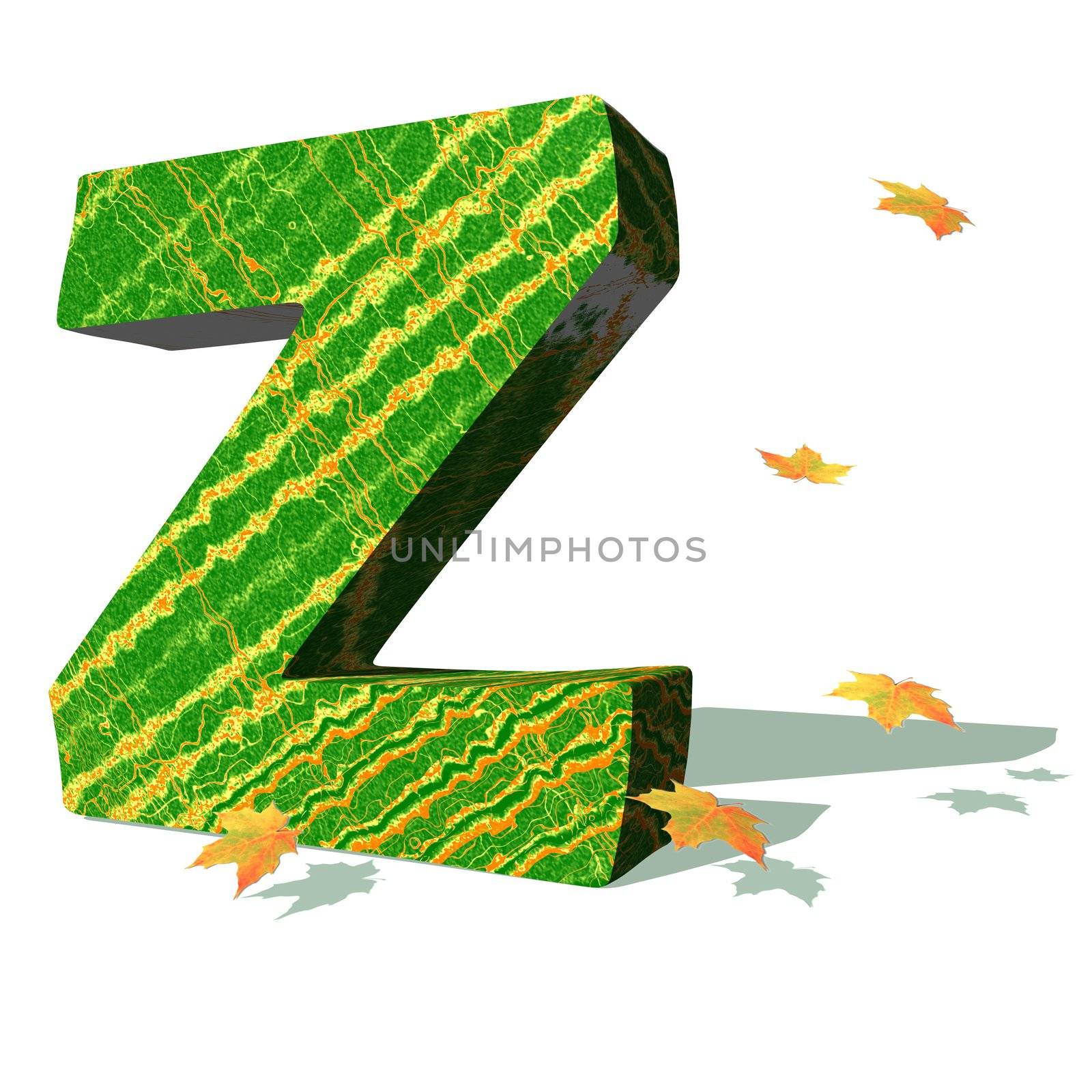 Green ecological Z capital letter surrounded by few autumn falling leaves in a white background with shadows