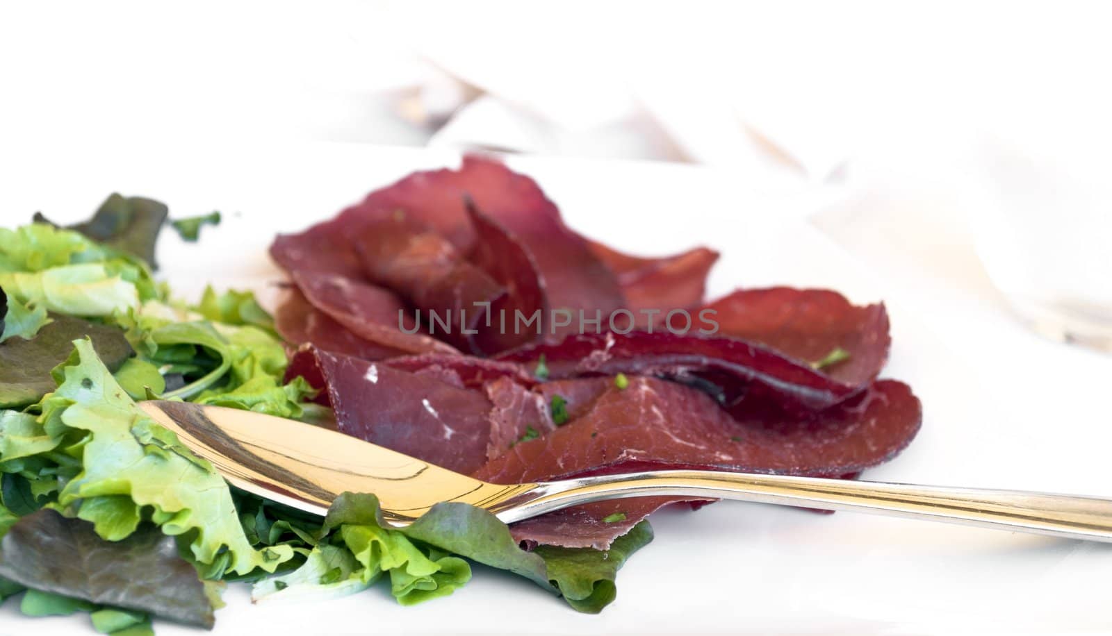 Luxury restaurant appetizer with ham and salad