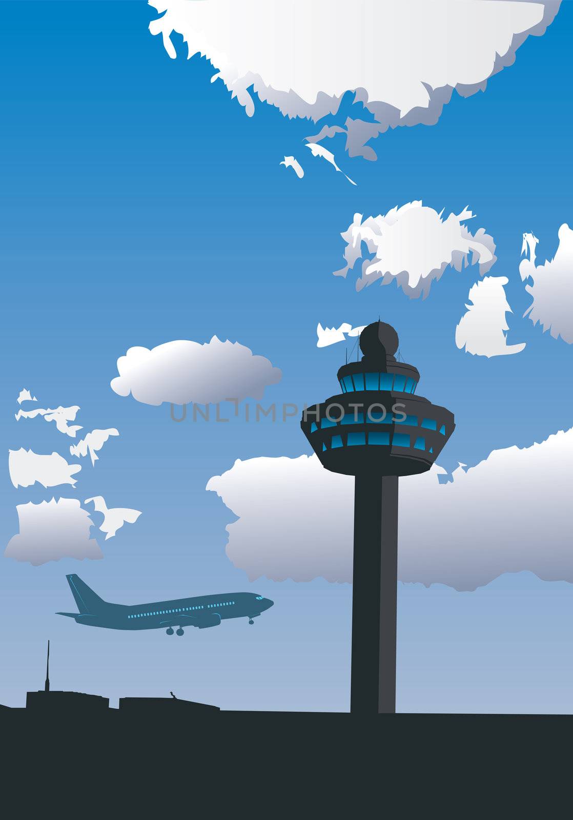 Illustration of airport control tower and flying airplane