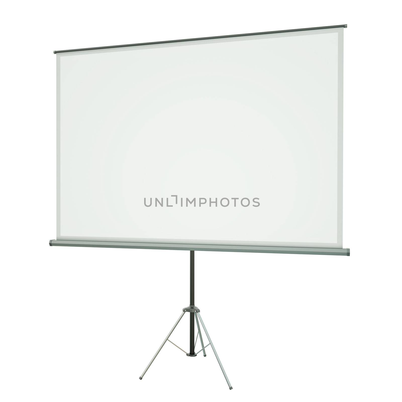 Blank portable conference projection screen over white background. 3D rendered image