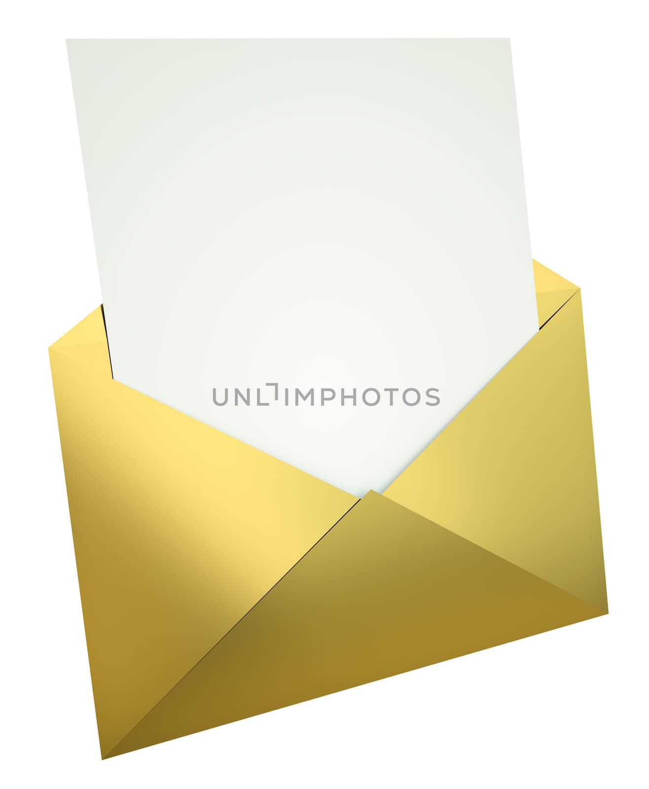 Open gold envelope with blank letter. 3D render.