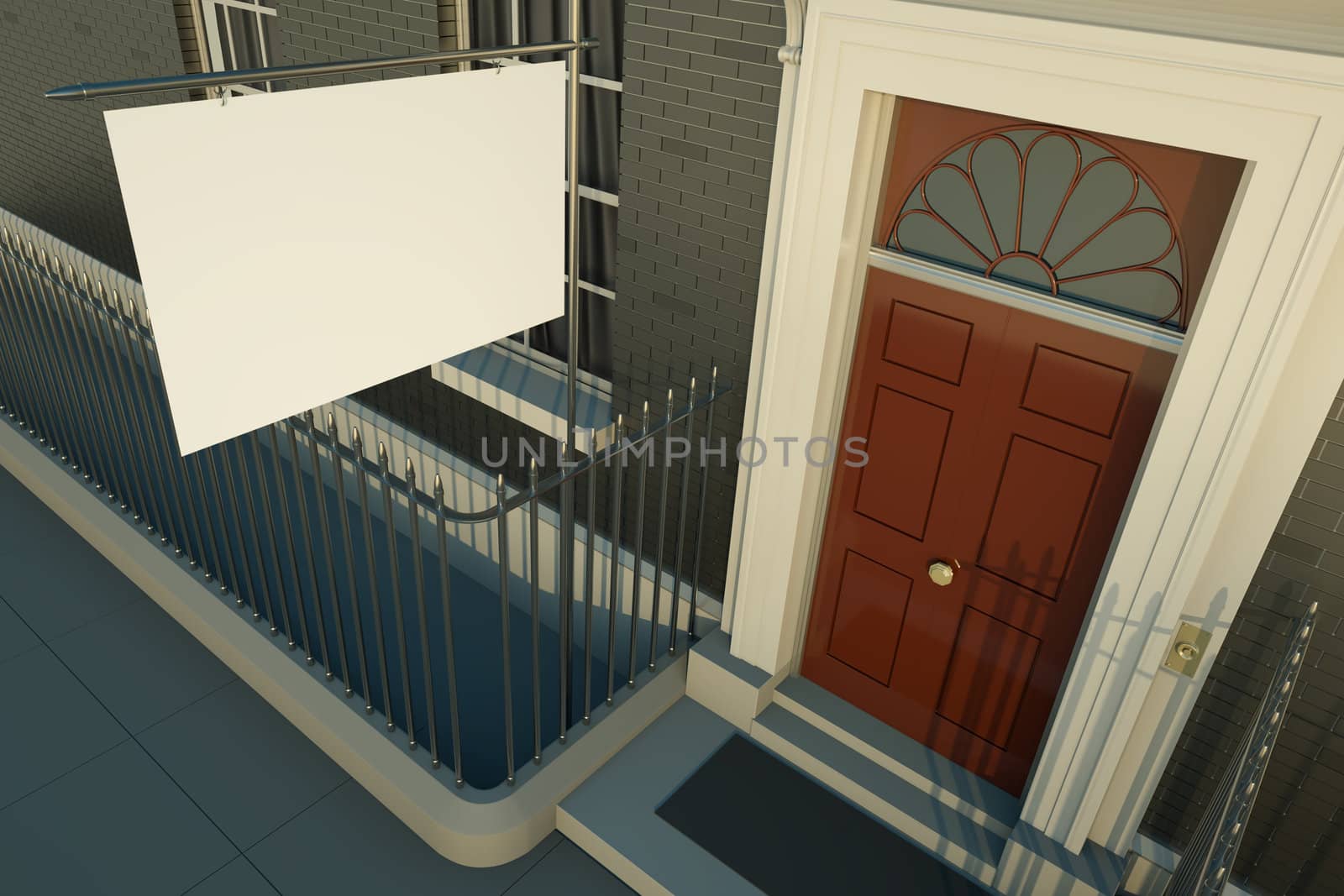 Old style house with blank sign at the door. 3D render.