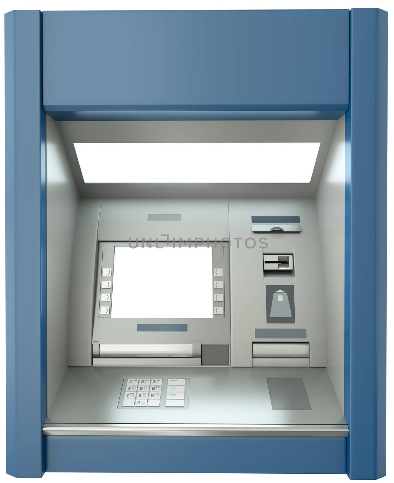 ATM machine with blank screen. 3D render.