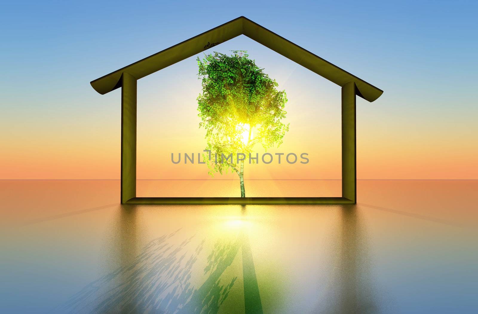 a tree and a house representing the concept of ecological construction