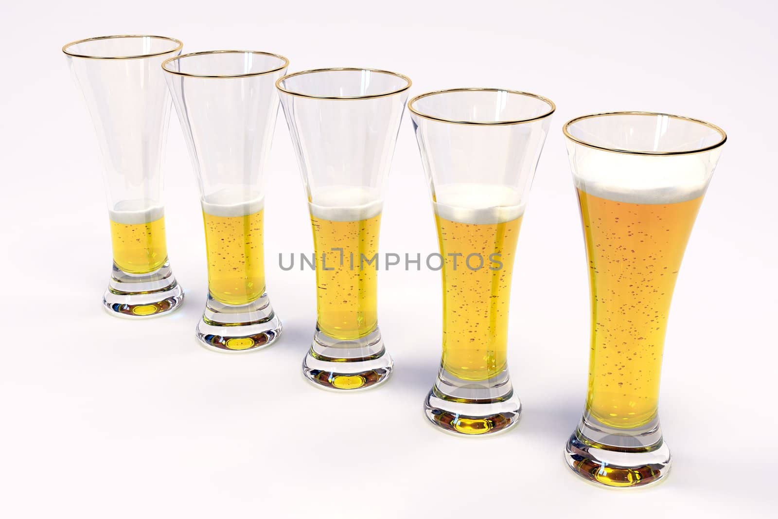 five glasses with beer on white background