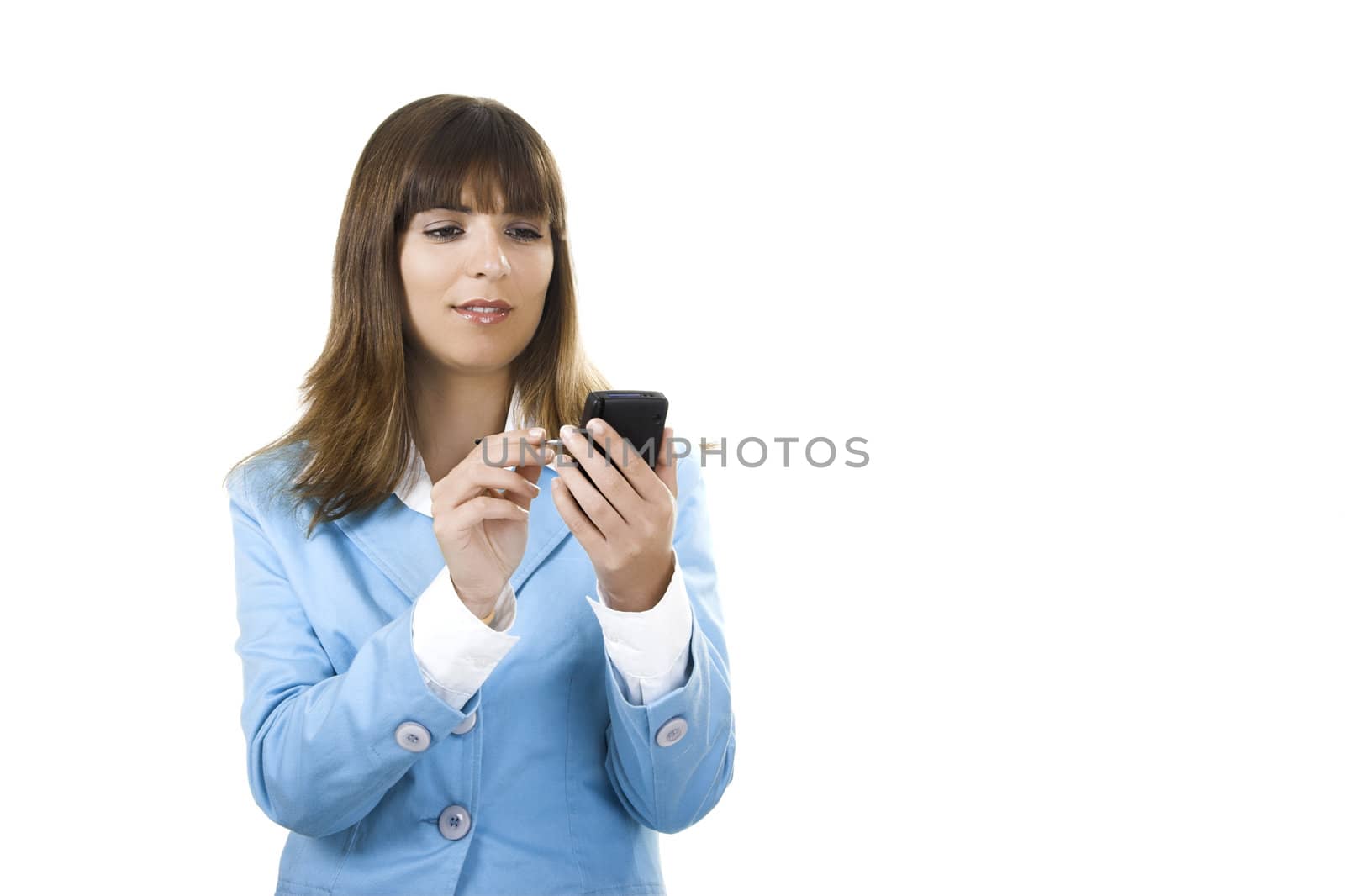 Beautiful businesswoman holding a PDA over a white background

