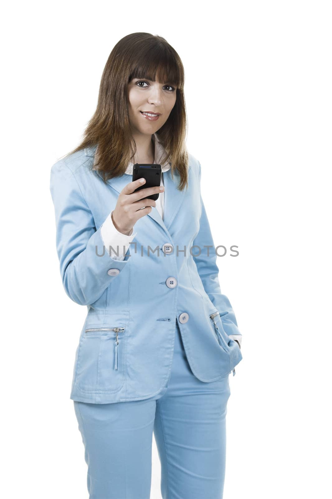 Beautiful businesswoman holding a PDA over a white background

