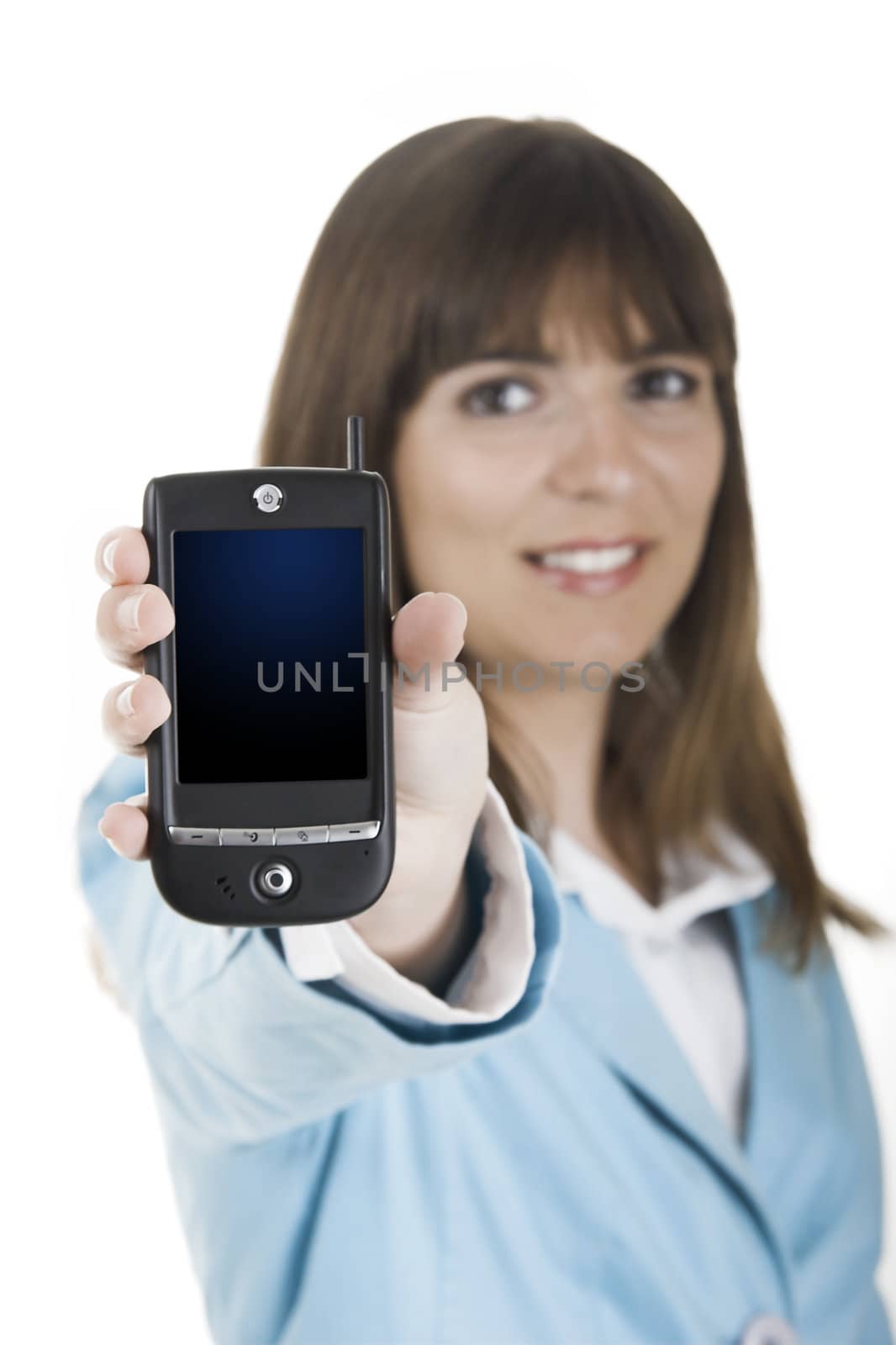 Beautiful businesswoman holding a PDA over a white background
(This file include a Path on the pda screan)
