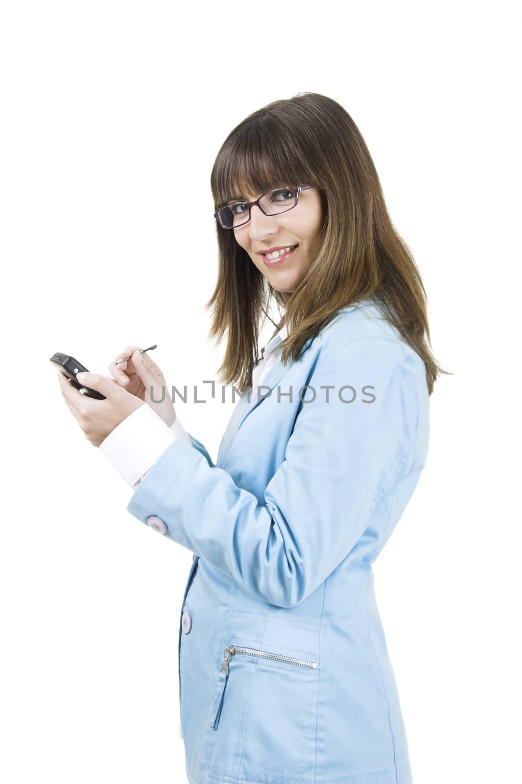 Beautiful businesswoman holding a PDA over a white background

