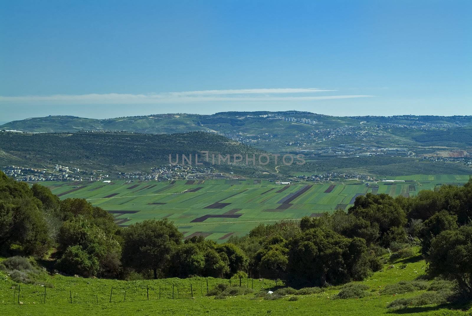 view of Beit Netofa valley in the Galilee, Israel, with Nazaret on the horizon