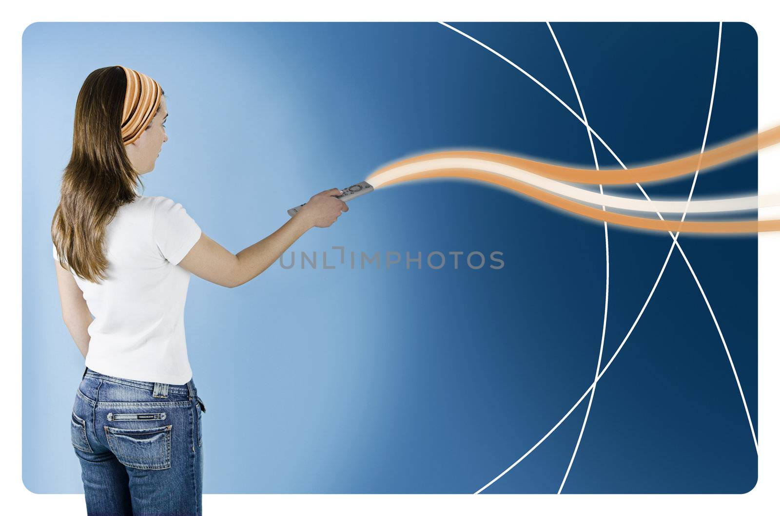 Woman with a remote control over a blue background created in PS
