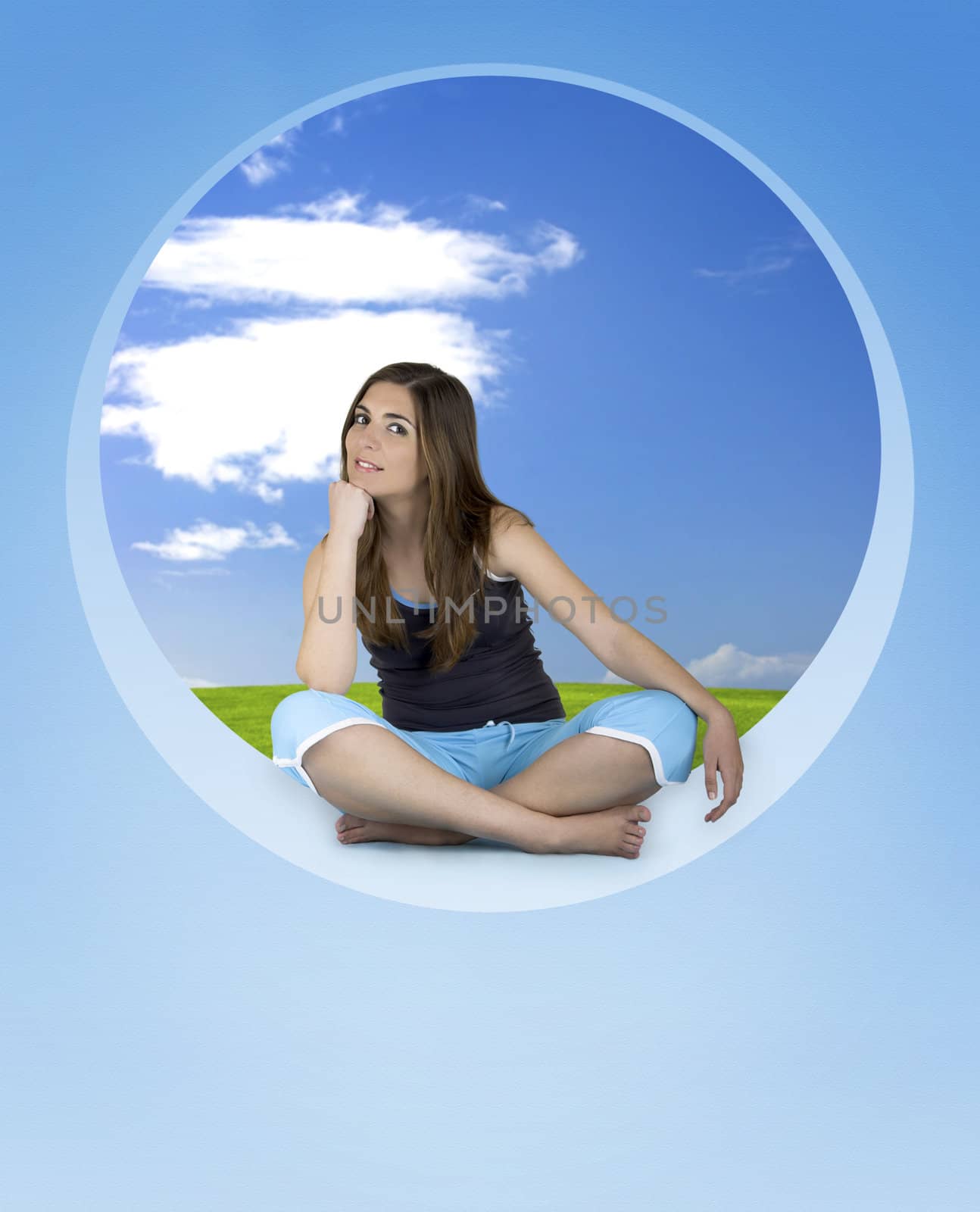 Beautiful Athletic woman seated and relaxing on a blue round window