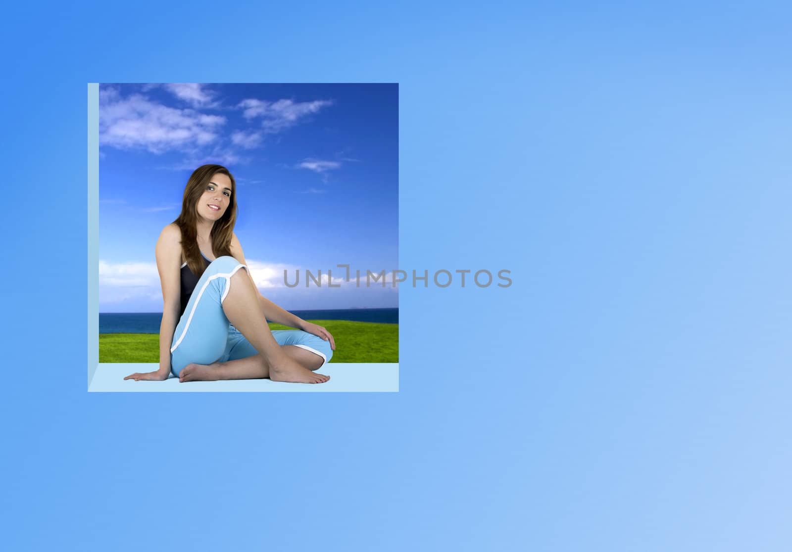Beautiful Athletic woman seated and relaxing on a blue square window