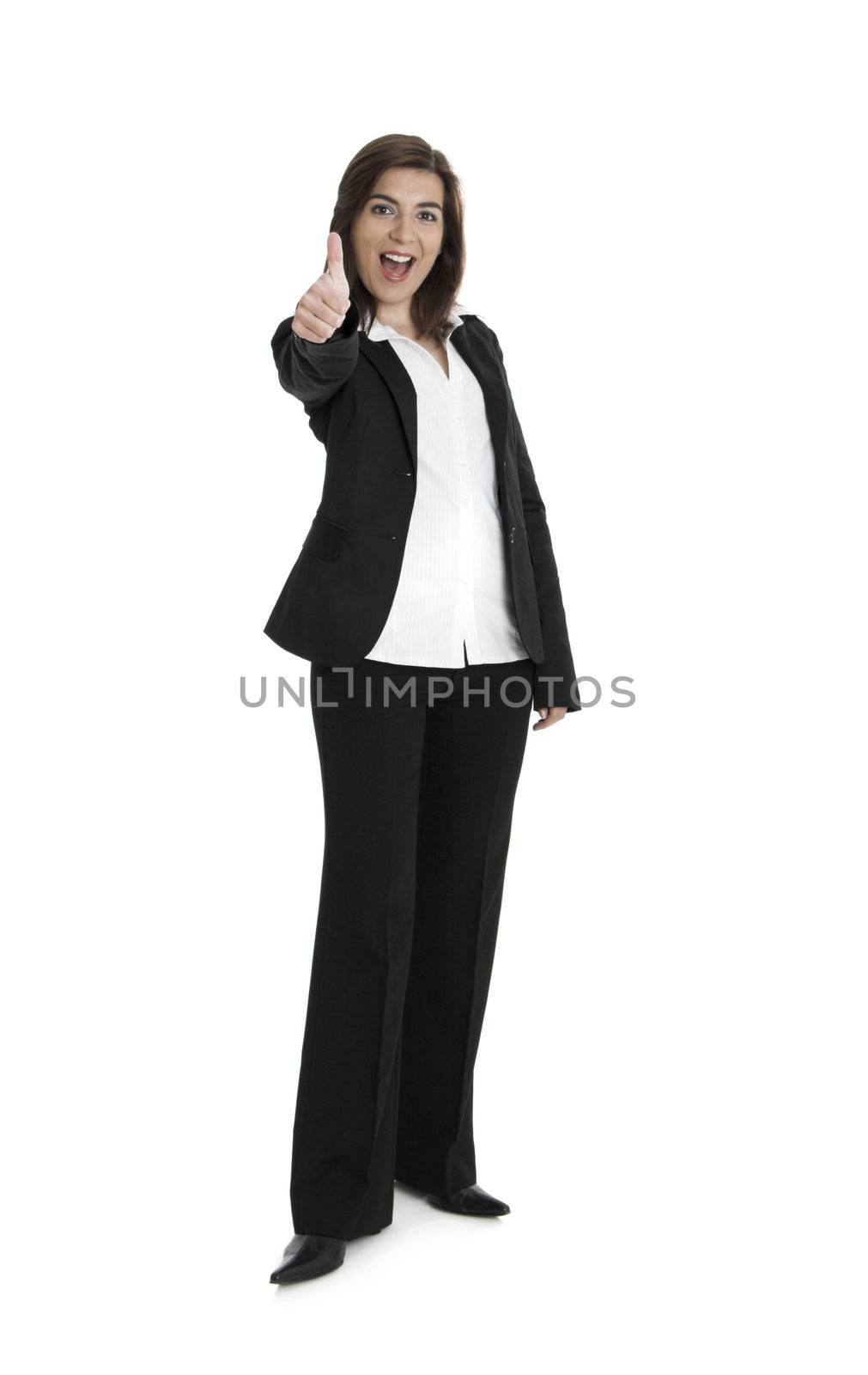 Full body portrait of happy beautiful business woman isolated on white