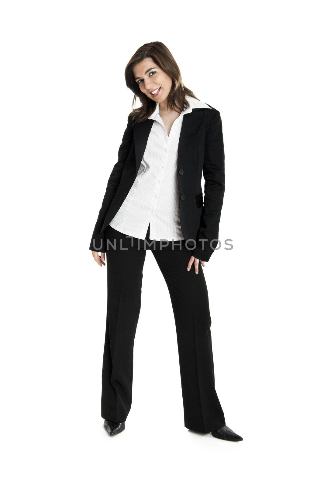 Full body portrait of a young and beautiful business woman isolated on white