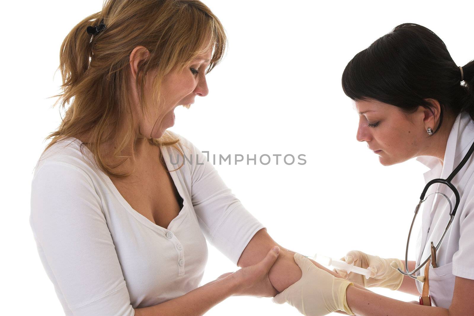 Woman screaming before the needle of the injection even hits her arm