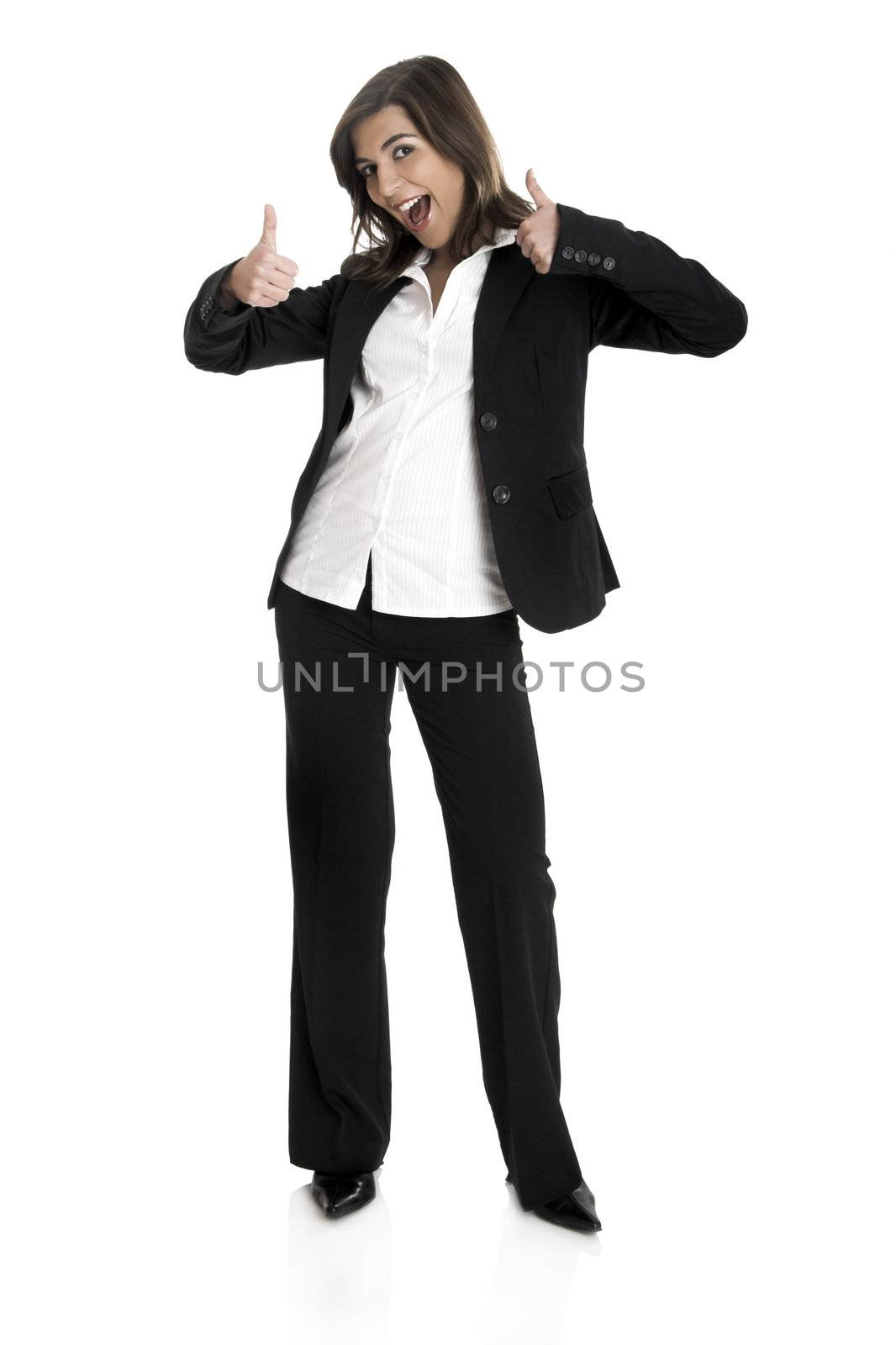 Full body portrait of happy beautiful business woman isolated on white