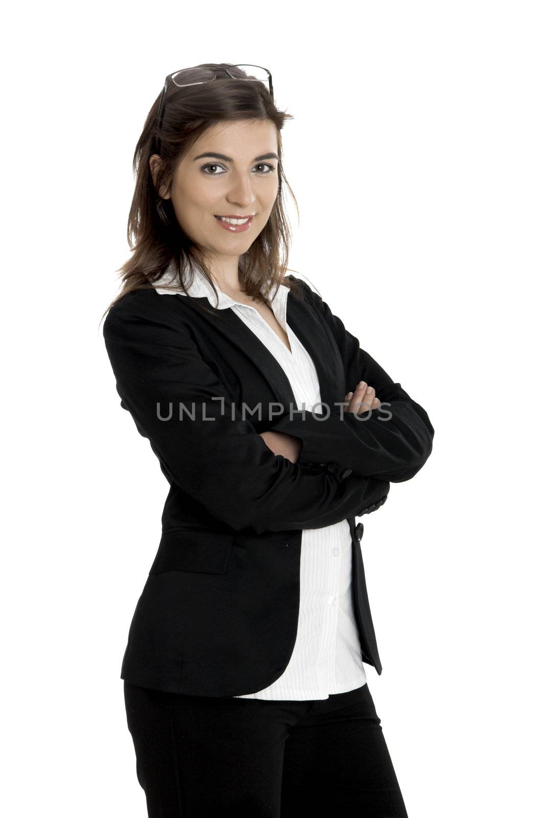 Portrait of a young and beautiful business woman isolated on white