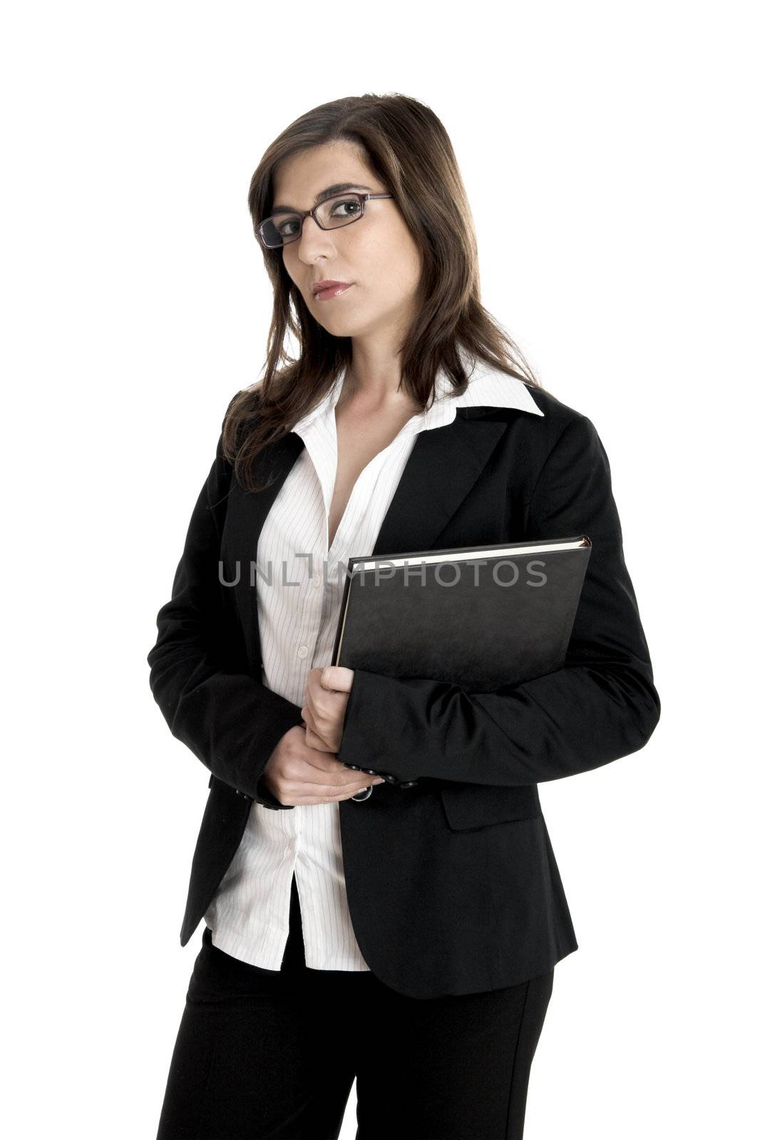 Portrait of a young and beautiful business woman isolated on white with a case