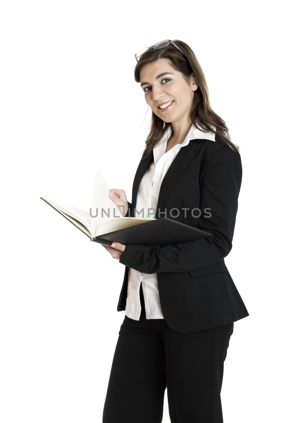 Portrait of a young and beautiful business woman isolated on white with a case