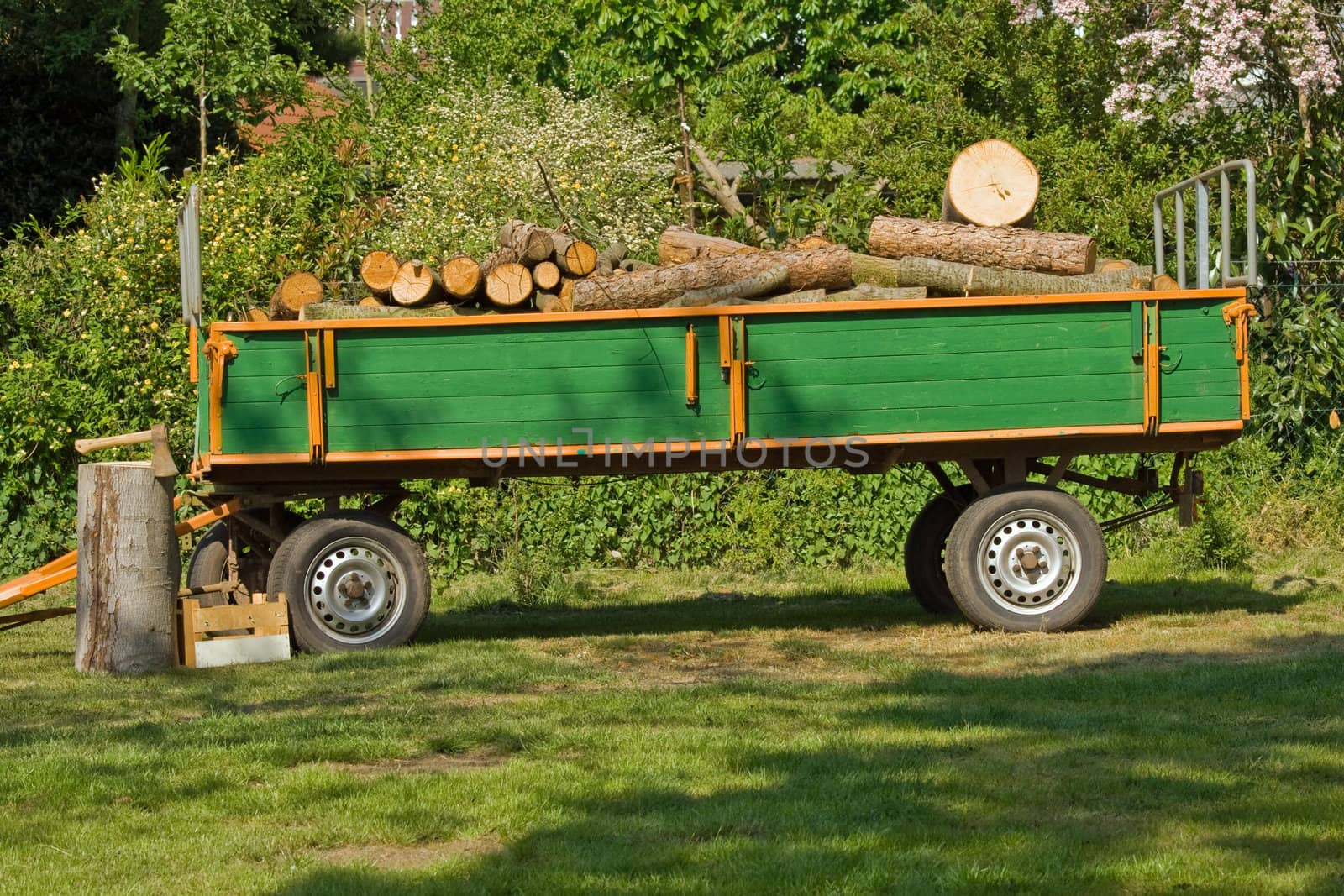 A trailer load with wood, before it an axe in log