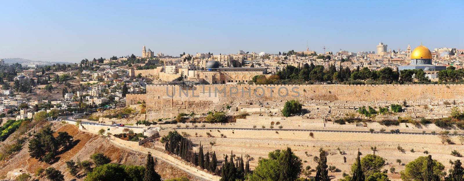View from the Mount of Olives to Walls of the Old City of Jerusalem and the Dome of the Rock