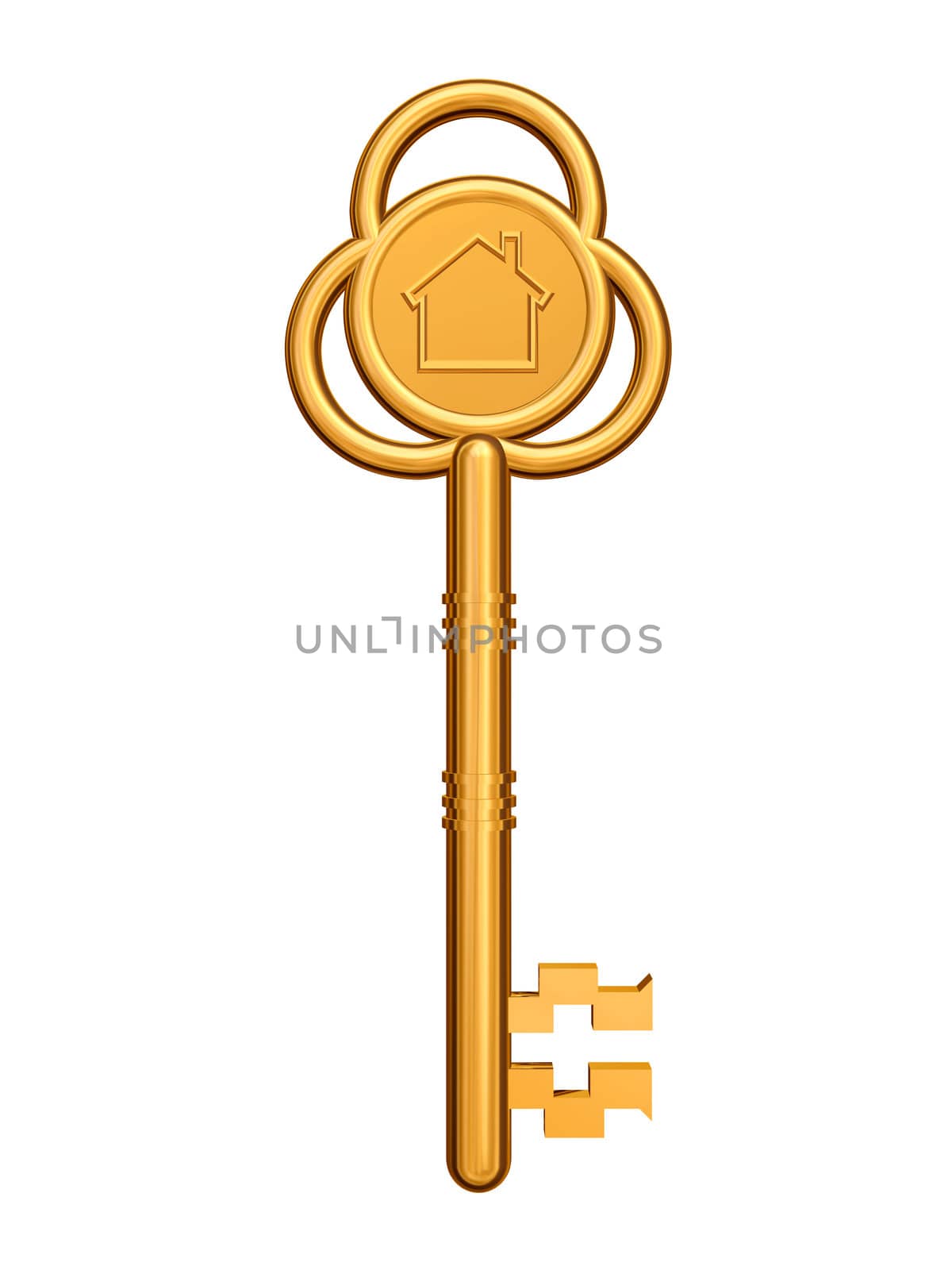 3d golden key with house symbol isolated