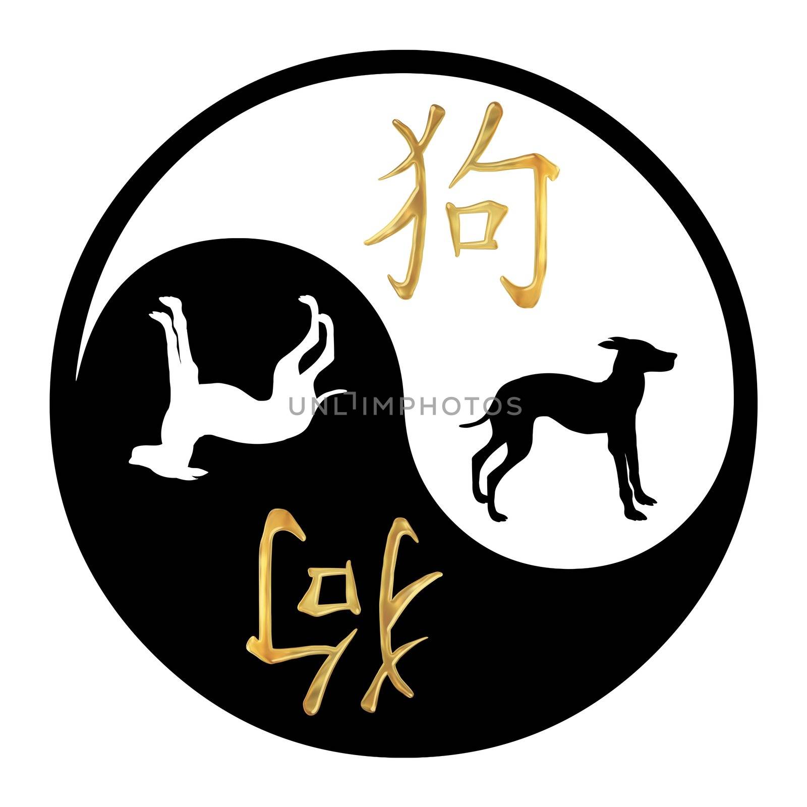Yin Yang symbol with Chinese text and image of a Dog