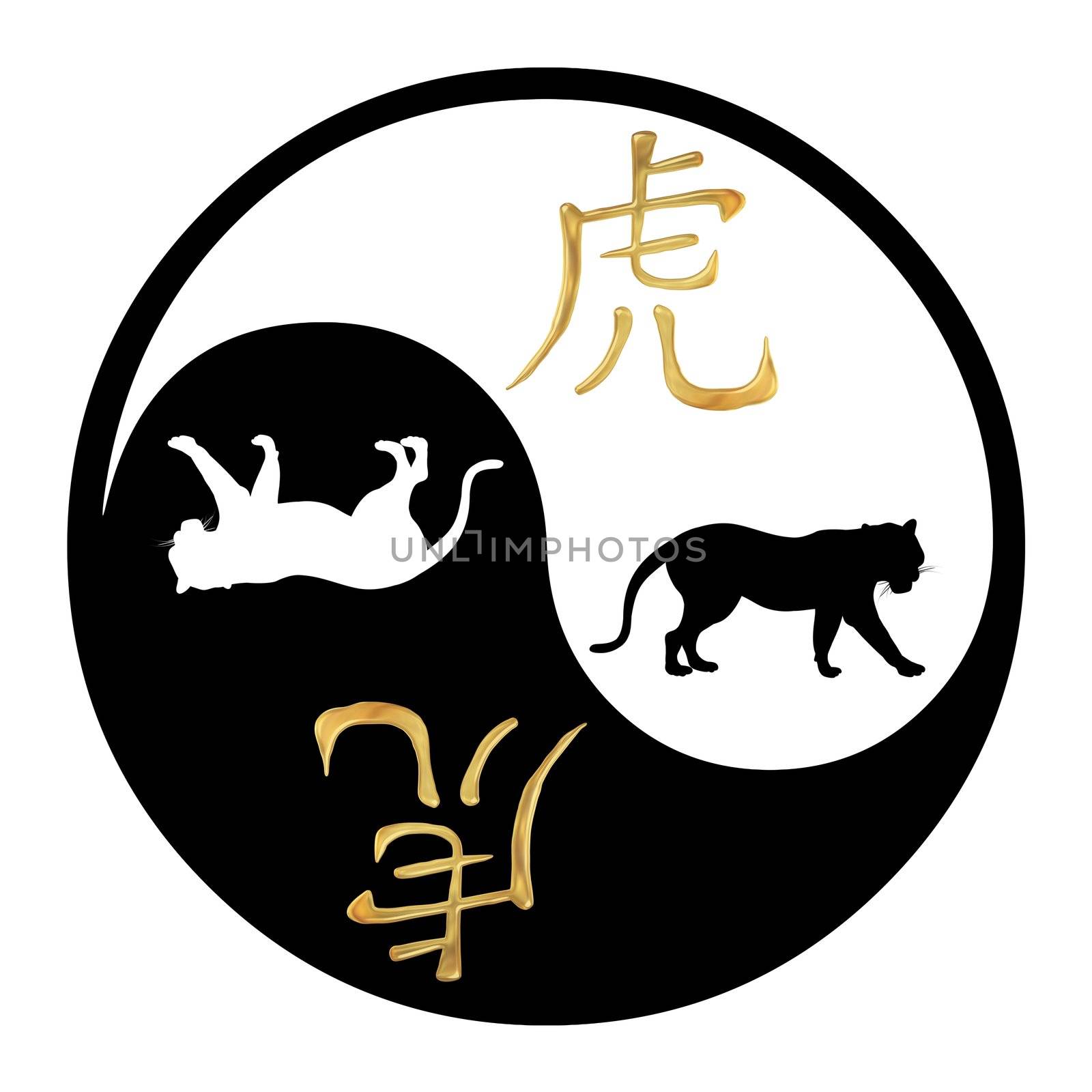 Yin Yang symbol with Chinese text and image of a Tiger