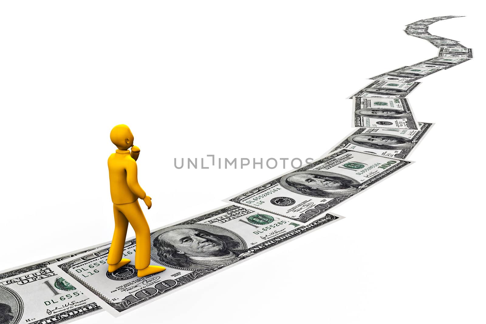 a man walking on 100 dollars bills