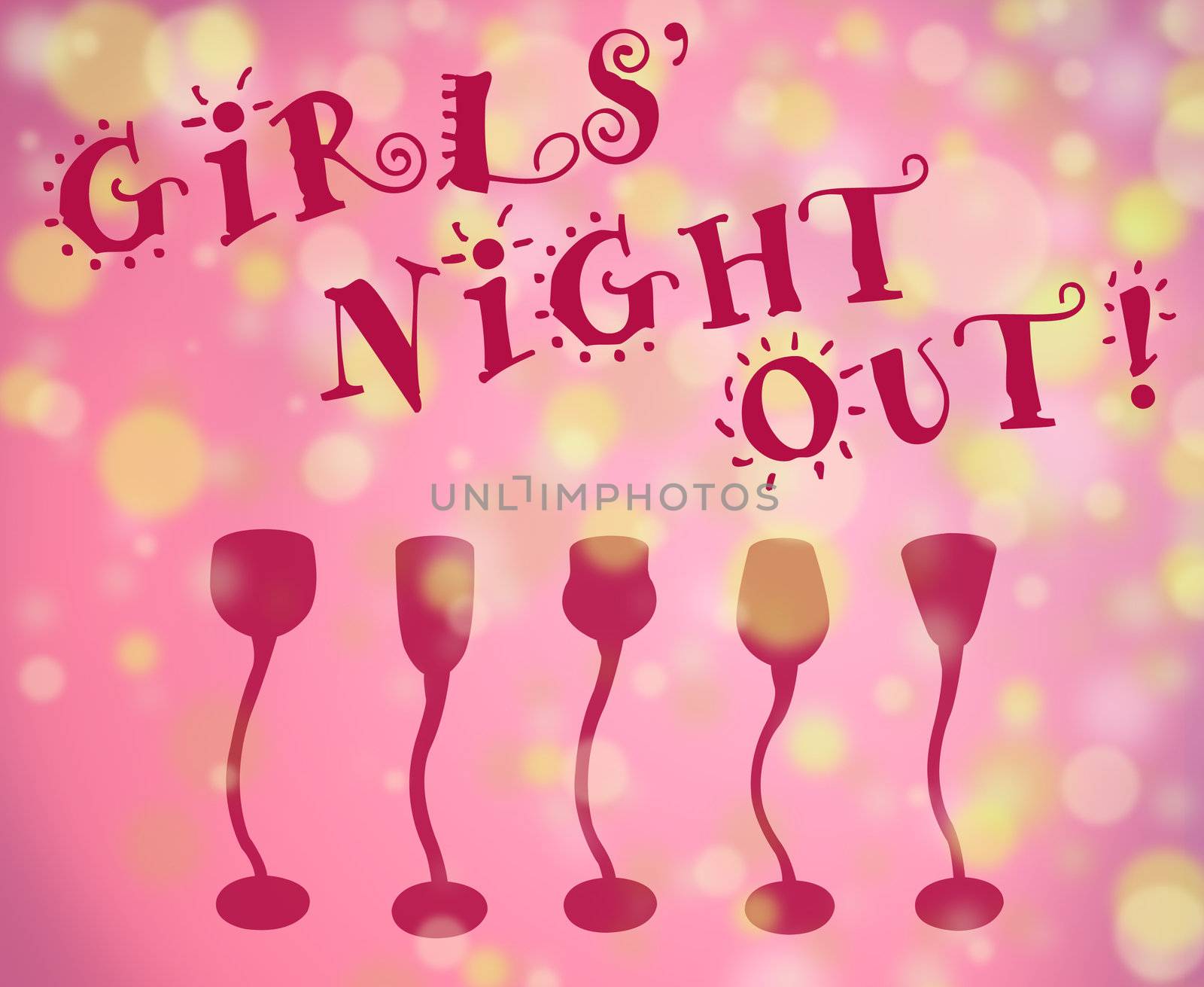Girls night out fun type with light filled background and row of cocktail glasses all in pink shades with golde lights