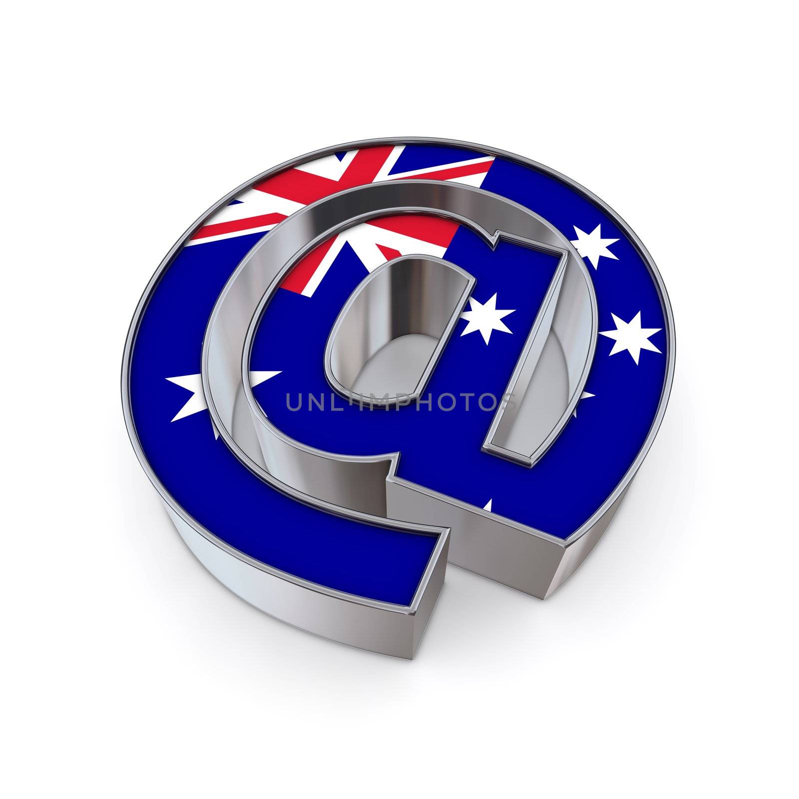 silver shiny chrome @-symbol on white background with Australia flag texture