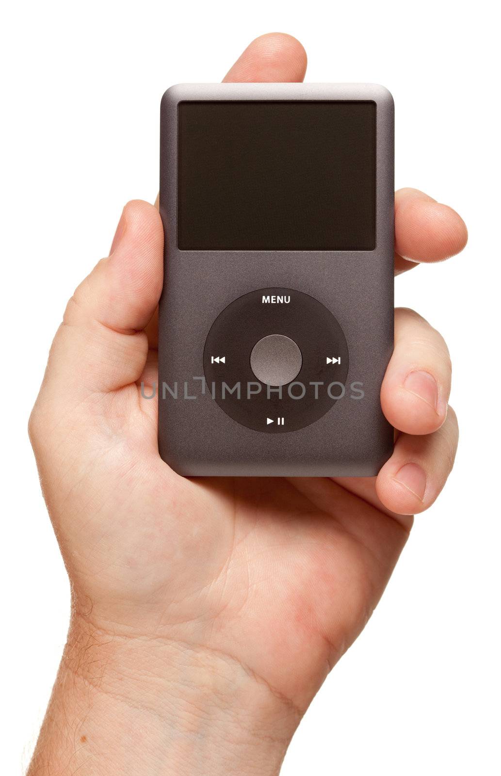 Man's Hand Holding Electronic Gadget with Blank Screen Isolated on a White Background.