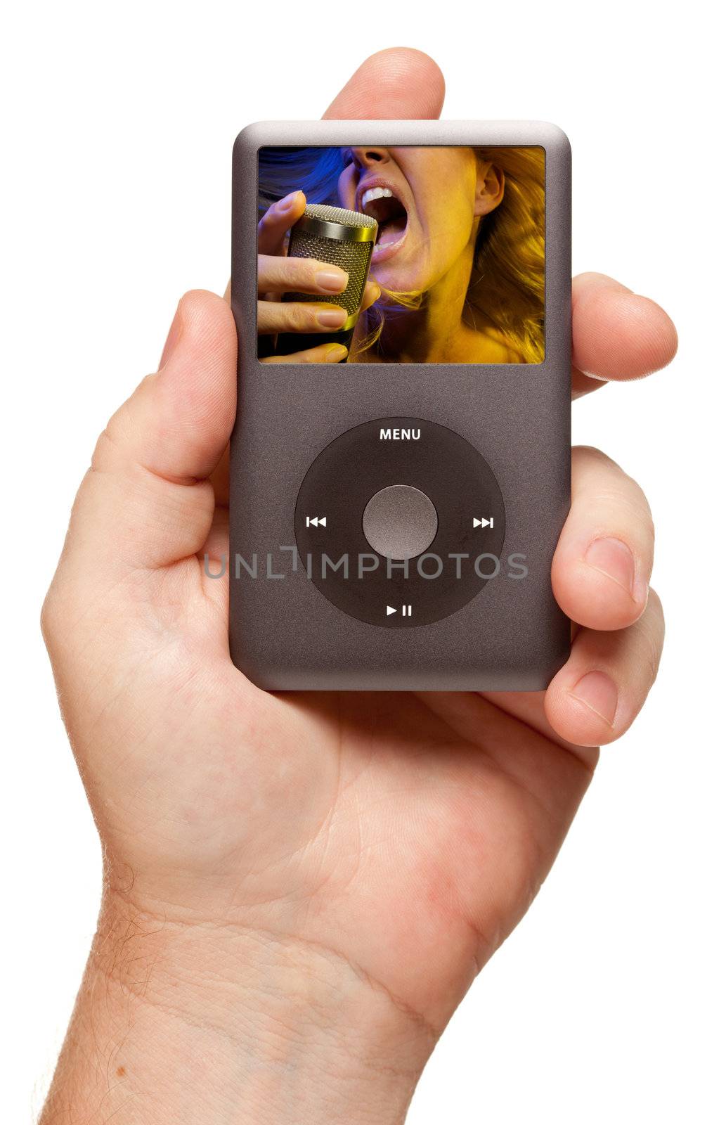 Man's Hand Holding Electronic Gadget with Female Singer on Screen Isolated on a White Background.