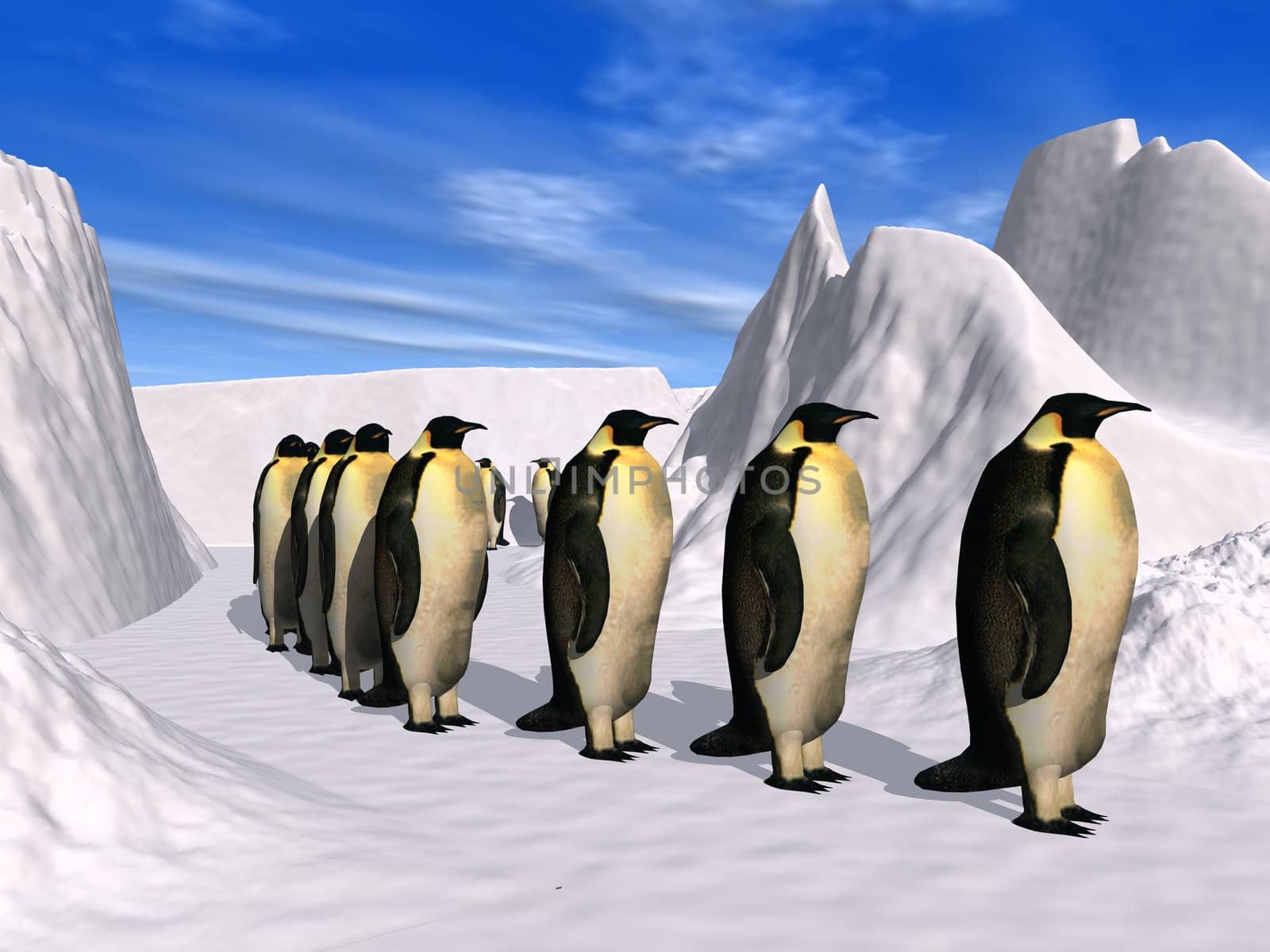 walking penguins in a polar landscape