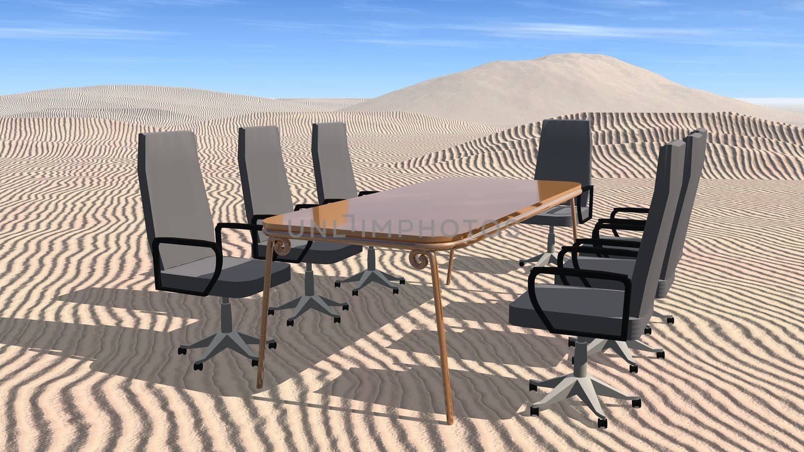 table and armchairs in a desert landscape