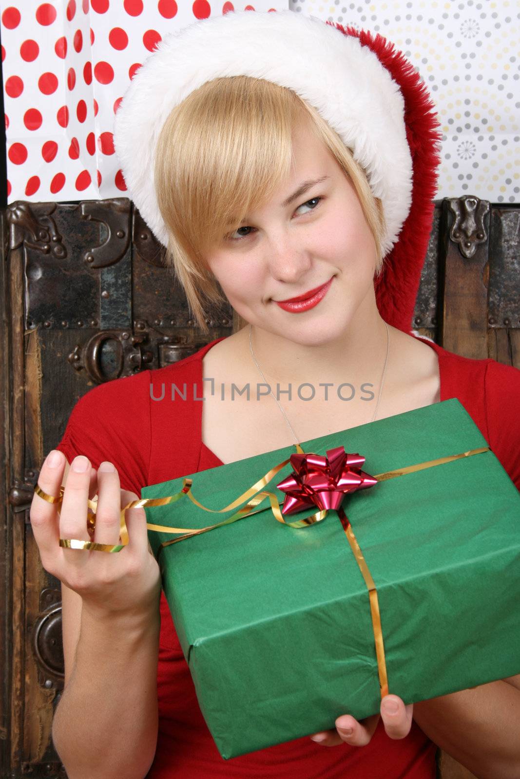 Beautiful blond female holding a christmas present 