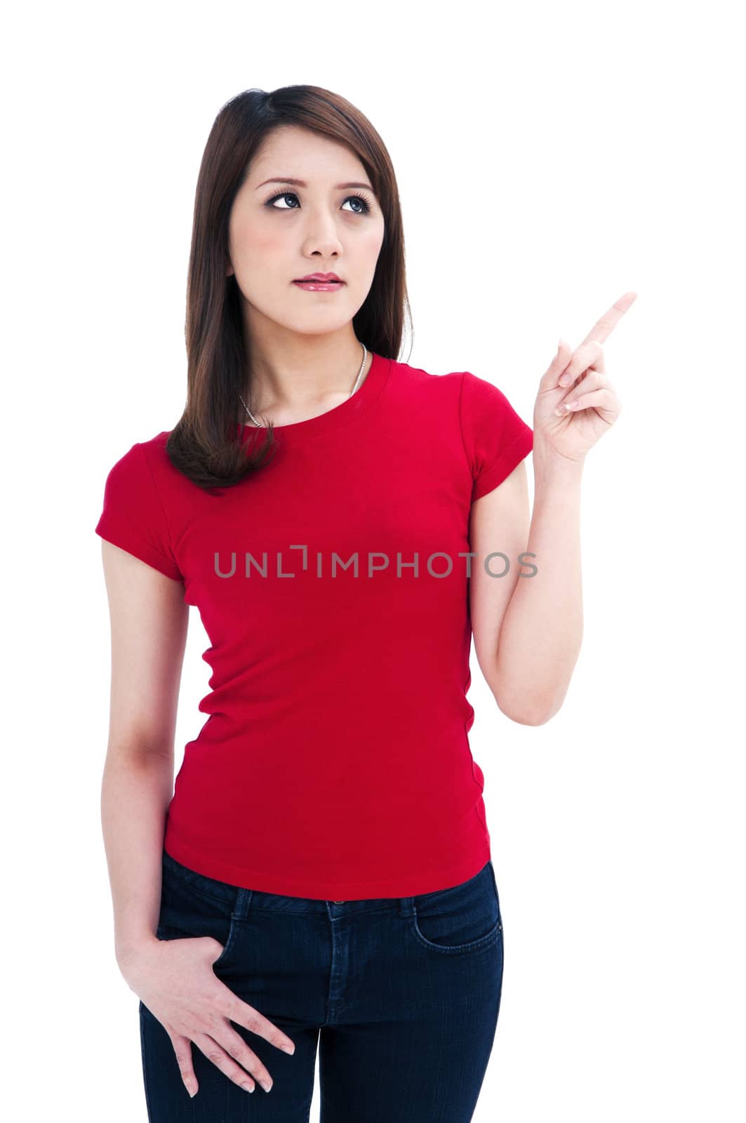 Portrait of an attractive young woman pointing, isolated on white background.