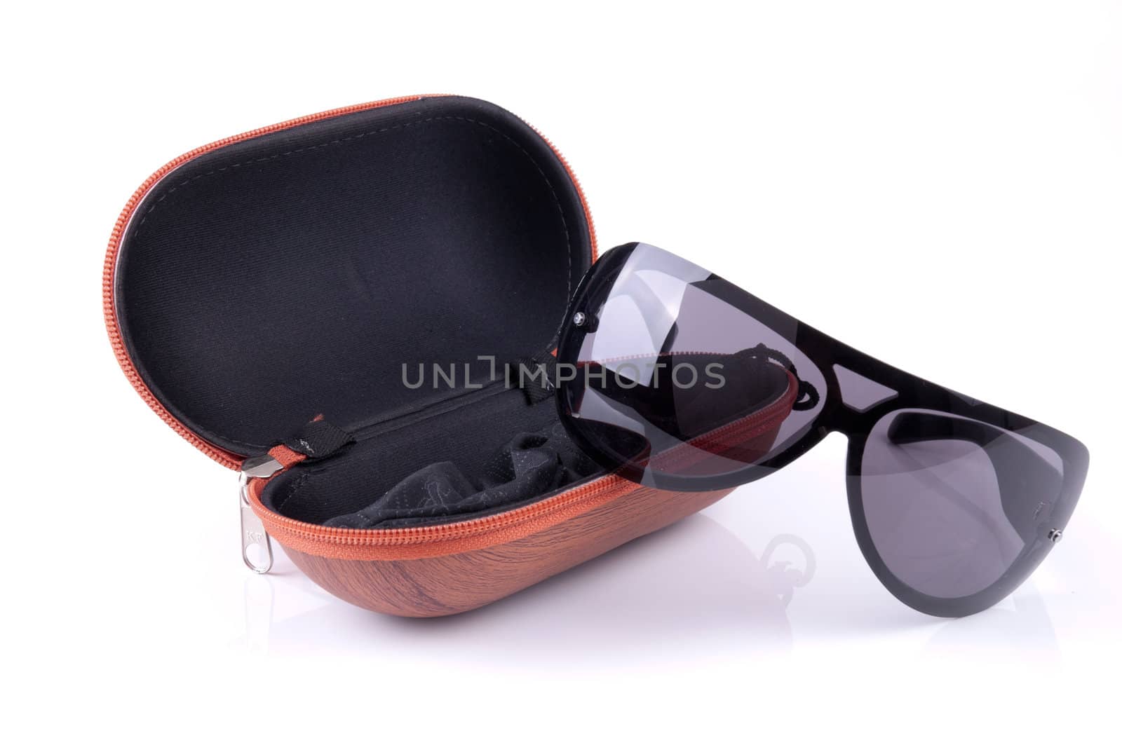 sunglasses and case on a white background