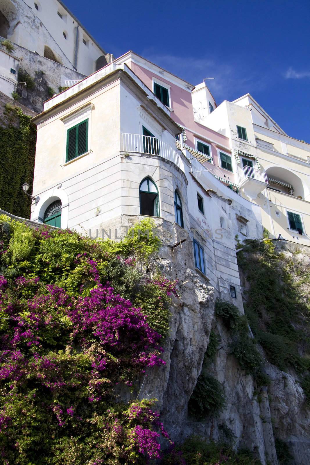 Houses on the cliff with flowers at the Amalfi coast in Italy