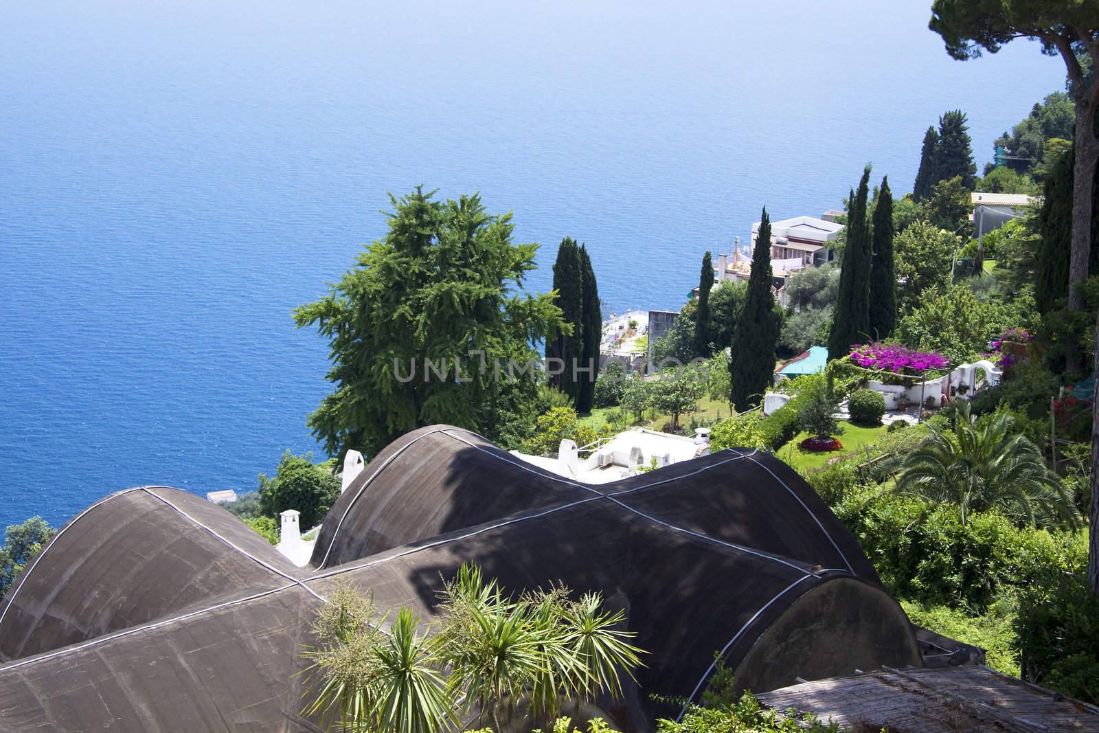 The Ravello garden offers a beautiful view of the Amalfi coast and green trees